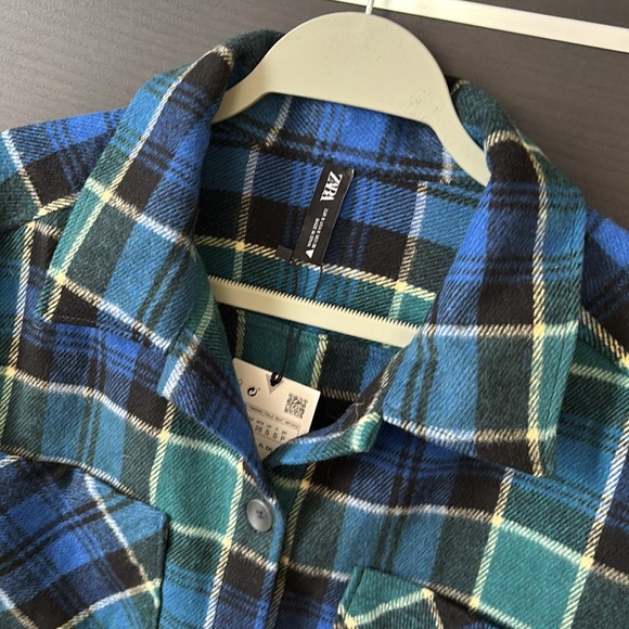 Zara Women’s Plaid Flannel Oversized Button Down Shirt Blue Green Size Small - Picture 3 of 12